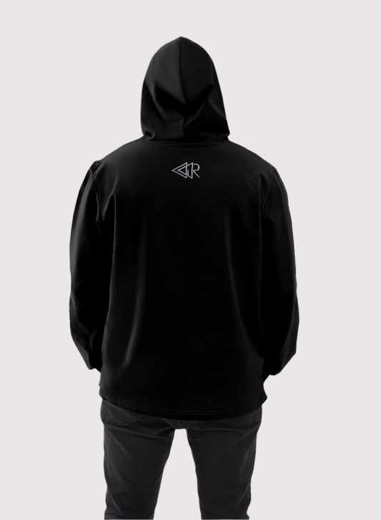 Black Dropout relaxed fit pullover hoodie for men, back view with hood – Rewind Apparel Dubai