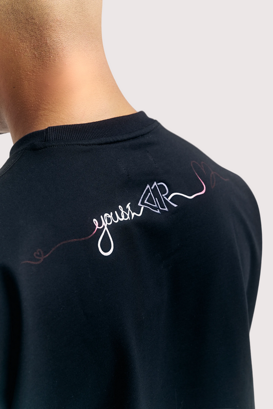 Black Rewind x Koko's Art oversized graphic t-shirt for men, embroidered artwork close-up – Rewind Apparel Dubai