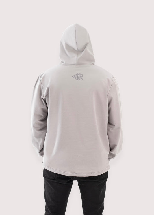 Grey Dropout relaxed fit pullover hoodie for men, back view with hood – Rewind Apparel Dubai