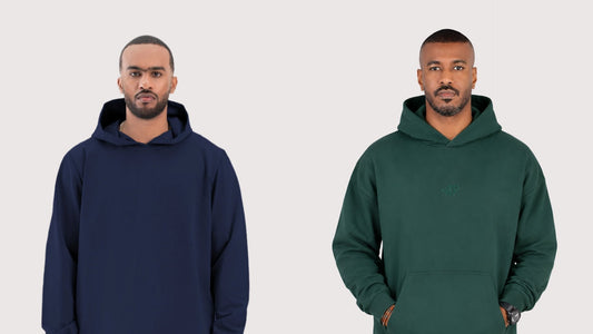 Navy blue Dropout pullover hoodie and royal green Edge French Terry hoodie for men, side by side – Rewind Apparel Dubai