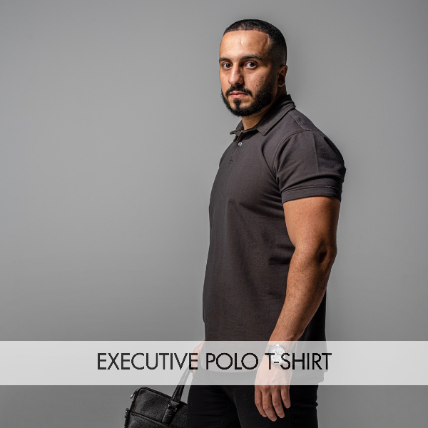 Man wearing an executive polo t-shirt for work and casual styling, showcasing classic and modern design.