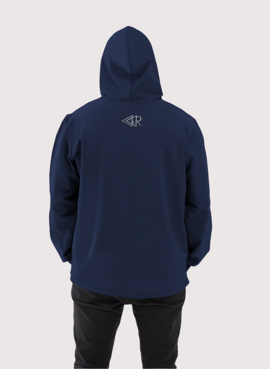 Navy Blue Dropout relaxed fit pullover hoodie for men, back view with hood – Rewind Apparel Dubai