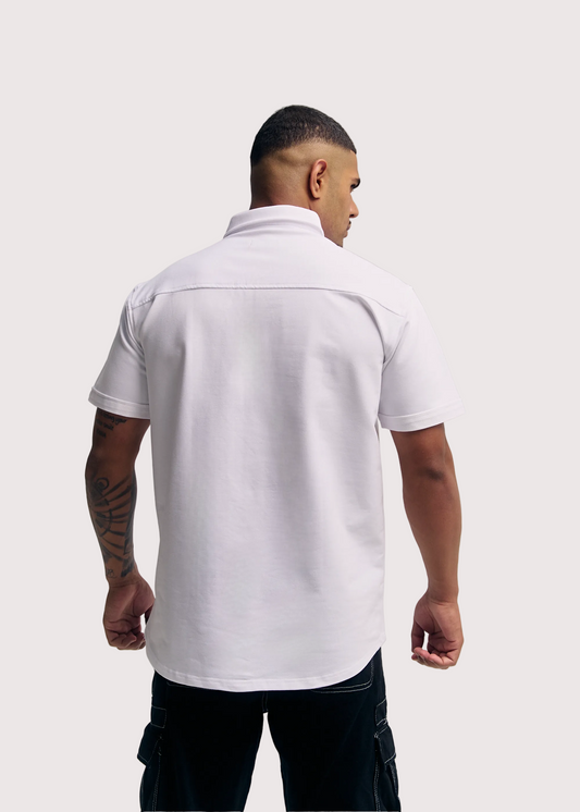 White Prime relaxed fit button-up shirt for men, back view – Rewind Apparel Dubai