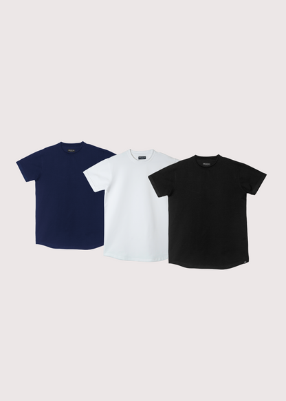 Eternal relaxed fit t-shirt 3-pack for men, navy blue, white and black tees laid flat – Rewind Apparel Dubai