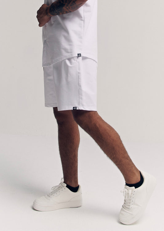 White Classix regular fit shorts for men, side view, legs – Rewind Apparel Dubai