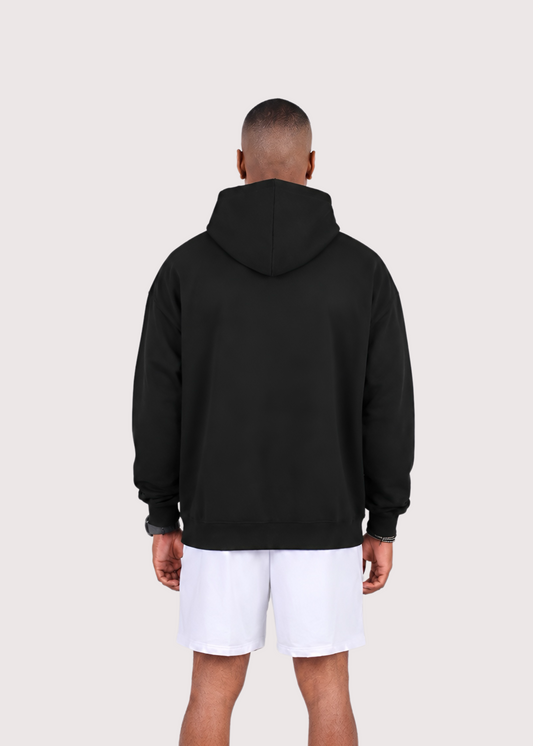 Black Edge French Terry hoodie for men, back view – Rewind Apparel Dubai