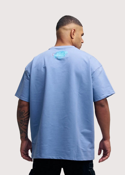 Blue Rewind x Koko's Art oversized graphic t-shirt for men, back view with artwork, close crop – Rewind Apparel Dubai