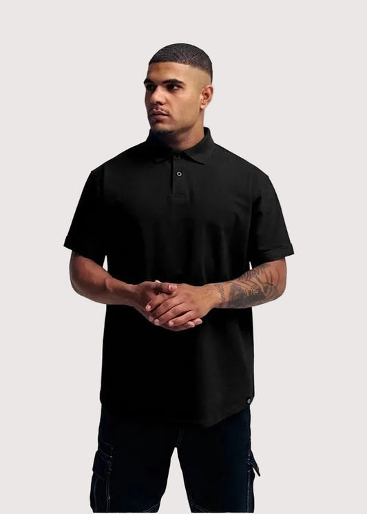 Black Eternal relaxed fit polo shirt for men, front view on model – Rewind Apparel Dubai